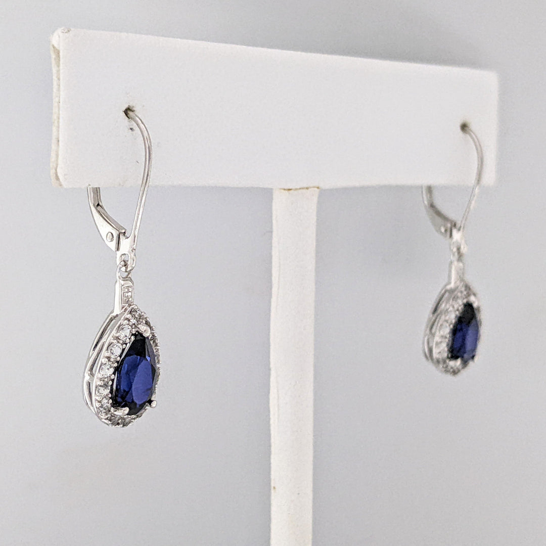 10K WHITE LAB- CREATED SAPPHIRE PEAR 7X10 (1) 5X8 (2) WITH .67 DIAMOND TOTAL WEIGHT ESTATE PENDANT, CHAIN, & EARRING SET 5.1 GRAMS