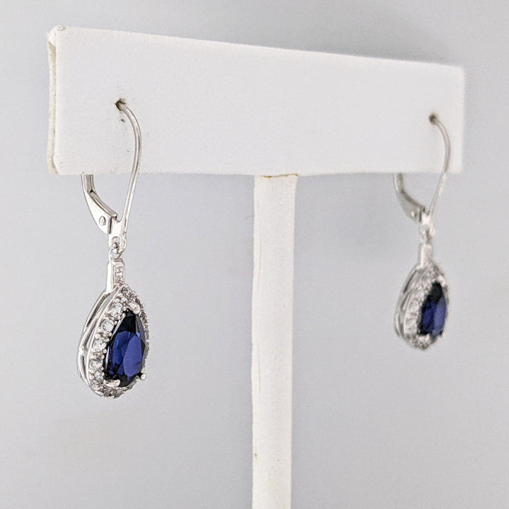 10K WHITE LAB- CREATED SAPPHIRE PEAR 7X10 (1) 5X8 (2) WITH .67 DIAMOND TOTAL WEIGHT ESTATE PENDANT, CHAIN, & EARRING SET 5.1 GRAMS