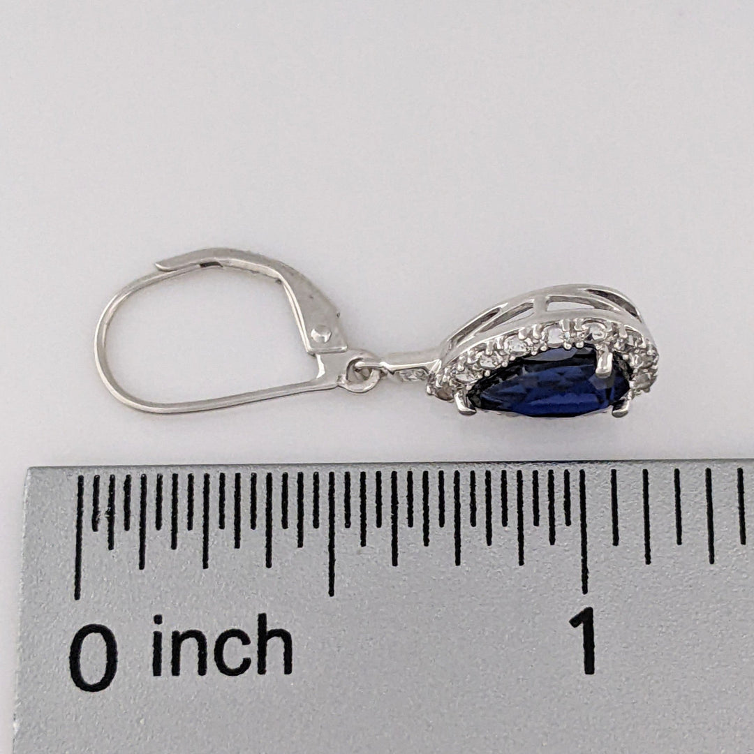 10K WHITE LAB- CREATED SAPPHIRE PEAR 7X10 (1) 5X8 (2) WITH .67 DIAMOND TOTAL WEIGHT ESTATE PENDANT, CHAIN, & EARRING SET 5.1 GRAMS