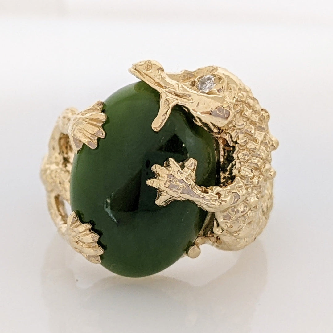 14K JADE OVAL 12X17 WITH MELEE ALLIGATOR ESTATE RING 15.2 GRAMS