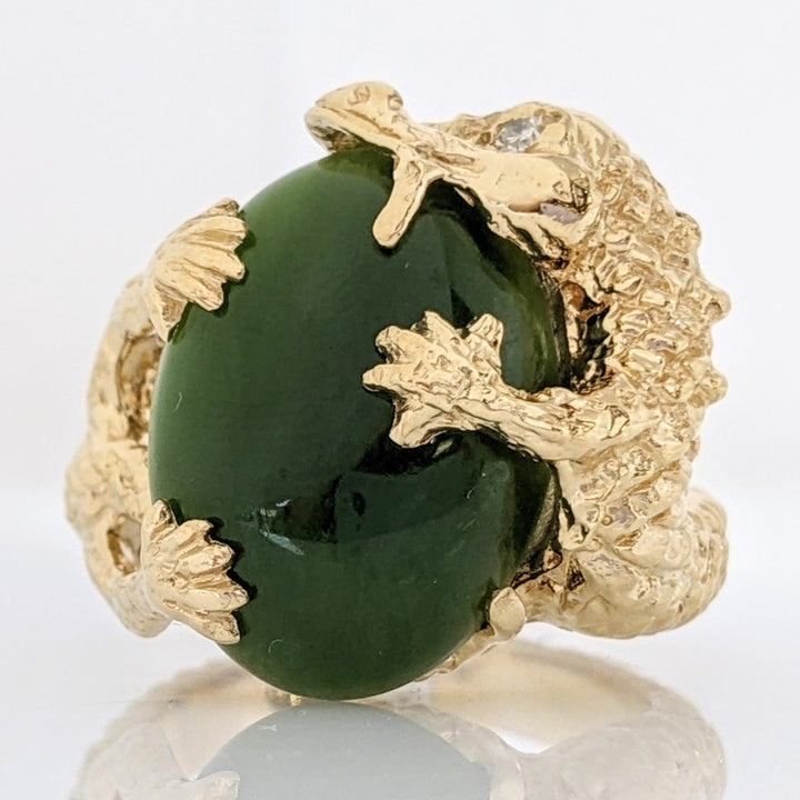 14K JADE OVAL 12X17 WITH MELEE ALLIGATOR ESTATE RING 15.2 GRAMS