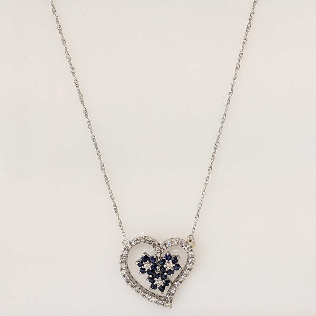 14K WHITE .34 CARAT TOTAL WEIGHT I1 I DIAMOND ROUND (34) SAPPHIRE ROUND 2MM (18) ESTATE NECKLACE 4.8 GRAMS