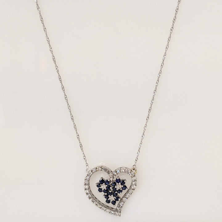 14K WHITE .34 CARAT TOTAL WEIGHT I1 I DIAMOND ROUND (34) SAPPHIRE ROUND 2MM (18) ESTATE NECKLACE 4.8 GRAMS