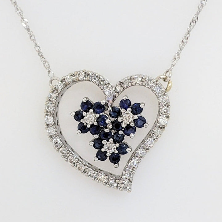 14K WHITE .34 CARAT TOTAL WEIGHT I1 I DIAMOND ROUND (34) SAPPHIRE ROUND 2MM (18) ESTATE NECKLACE 4.8 GRAMS