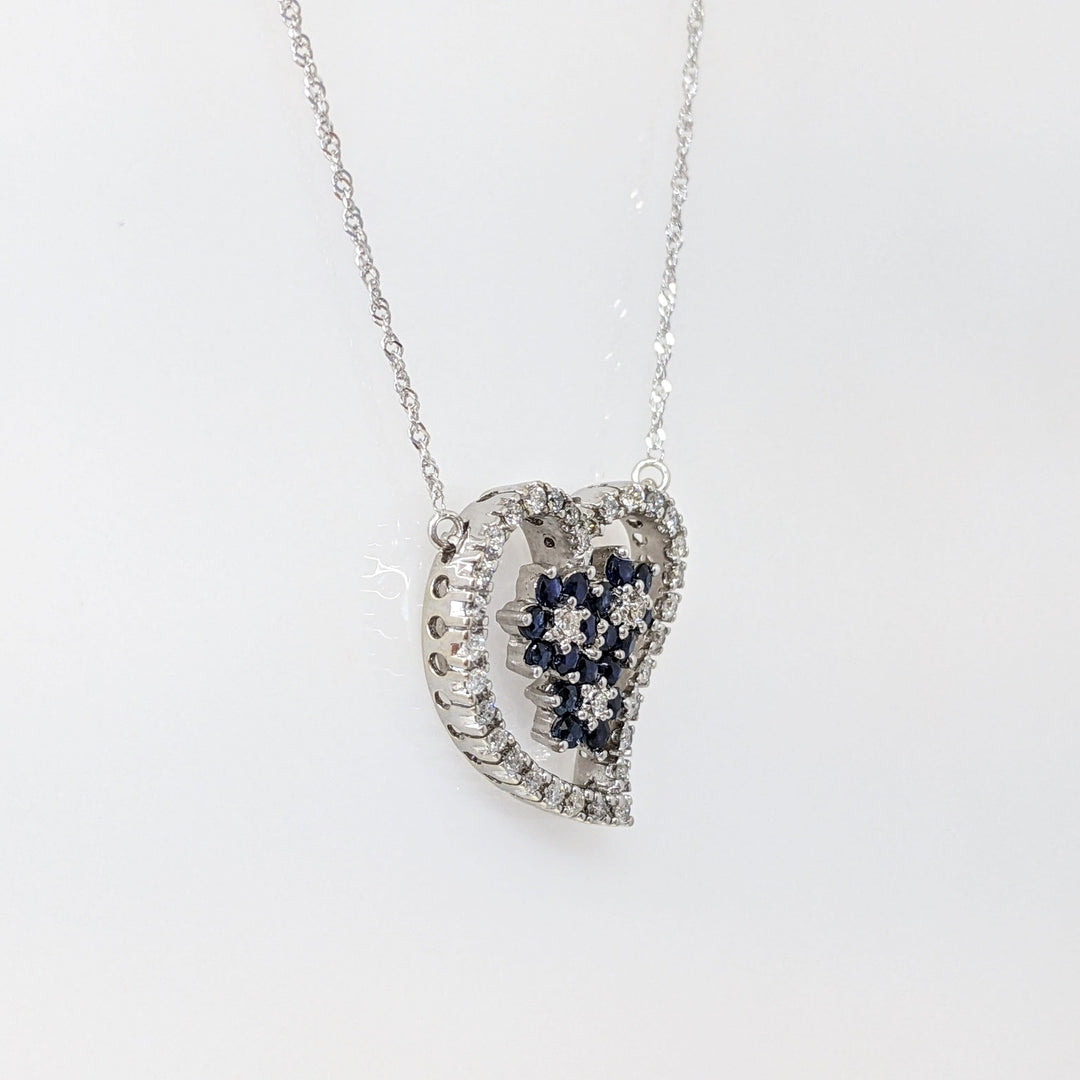 14K WHITE .34 CARAT TOTAL WEIGHT I1 I DIAMOND ROUND (34) SAPPHIRE ROUND 2MM (18) ESTATE NECKLACE 4.8 GRAMS
