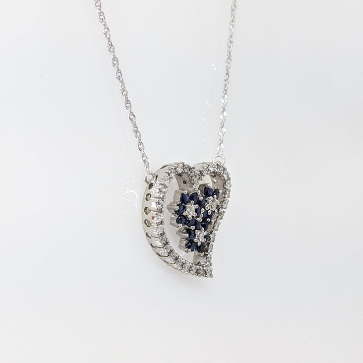14K WHITE .34 CARAT TOTAL WEIGHT I1 I DIAMOND ROUND (34) SAPPHIRE ROUND 2MM (18) ESTATE NECKLACE 4.8 GRAMS