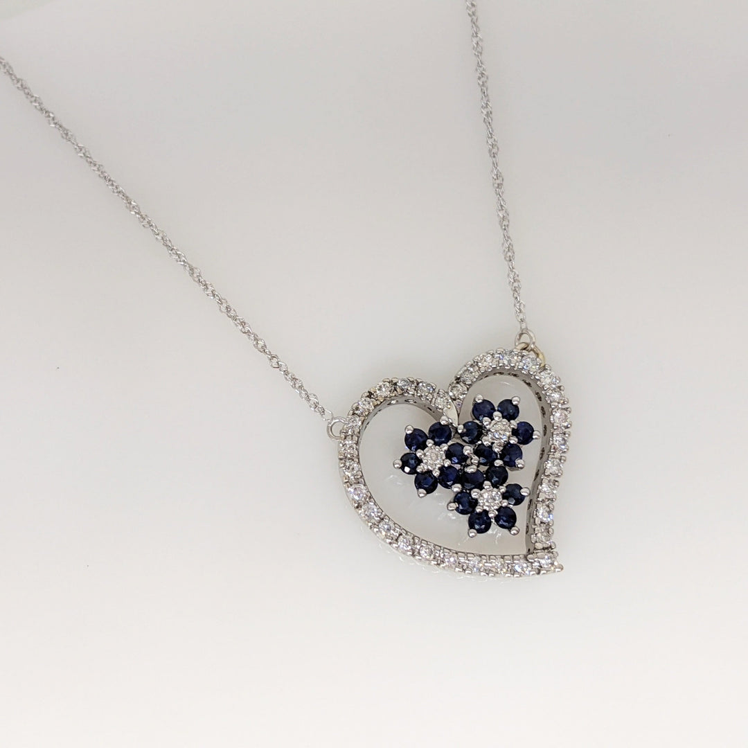 14K WHITE .34 CARAT TOTAL WEIGHT I1 I DIAMOND ROUND (34) SAPPHIRE ROUND 2MM (18) ESTATE NECKLACE 4.8 GRAMS