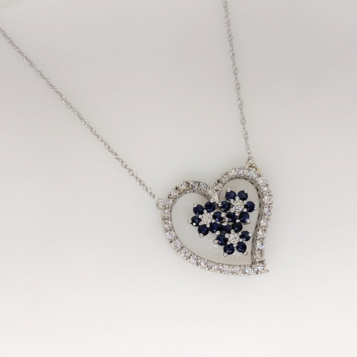 14K WHITE .34 CARAT TOTAL WEIGHT I1 I DIAMOND ROUND (34) SAPPHIRE ROUND 2MM (18) ESTATE NECKLACE 4.8 GRAMS