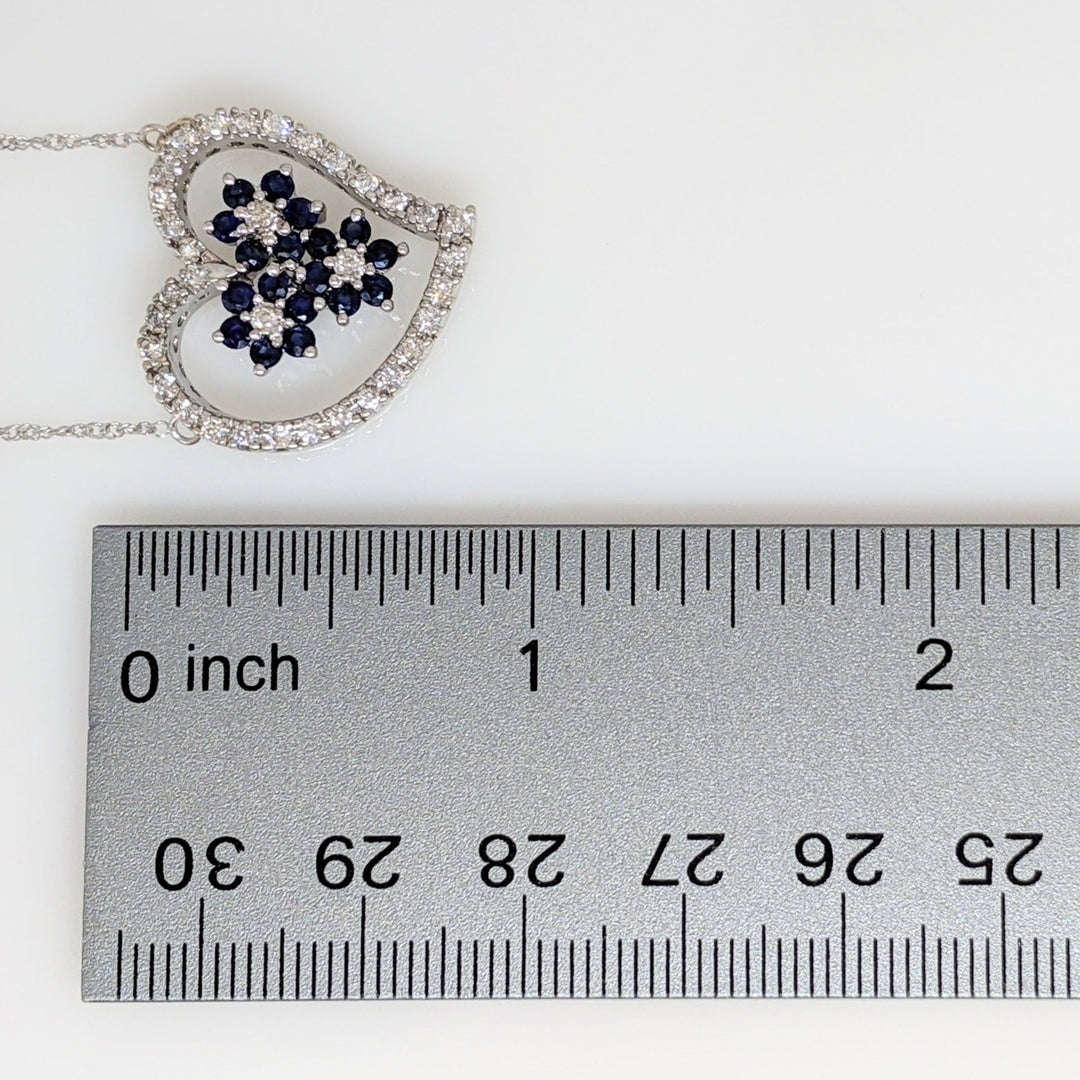 14K WHITE .34 CARAT TOTAL WEIGHT I1 I DIAMOND ROUND (34) SAPPHIRE ROUND 2MM (18) ESTATE NECKLACE 4.8 GRAMS