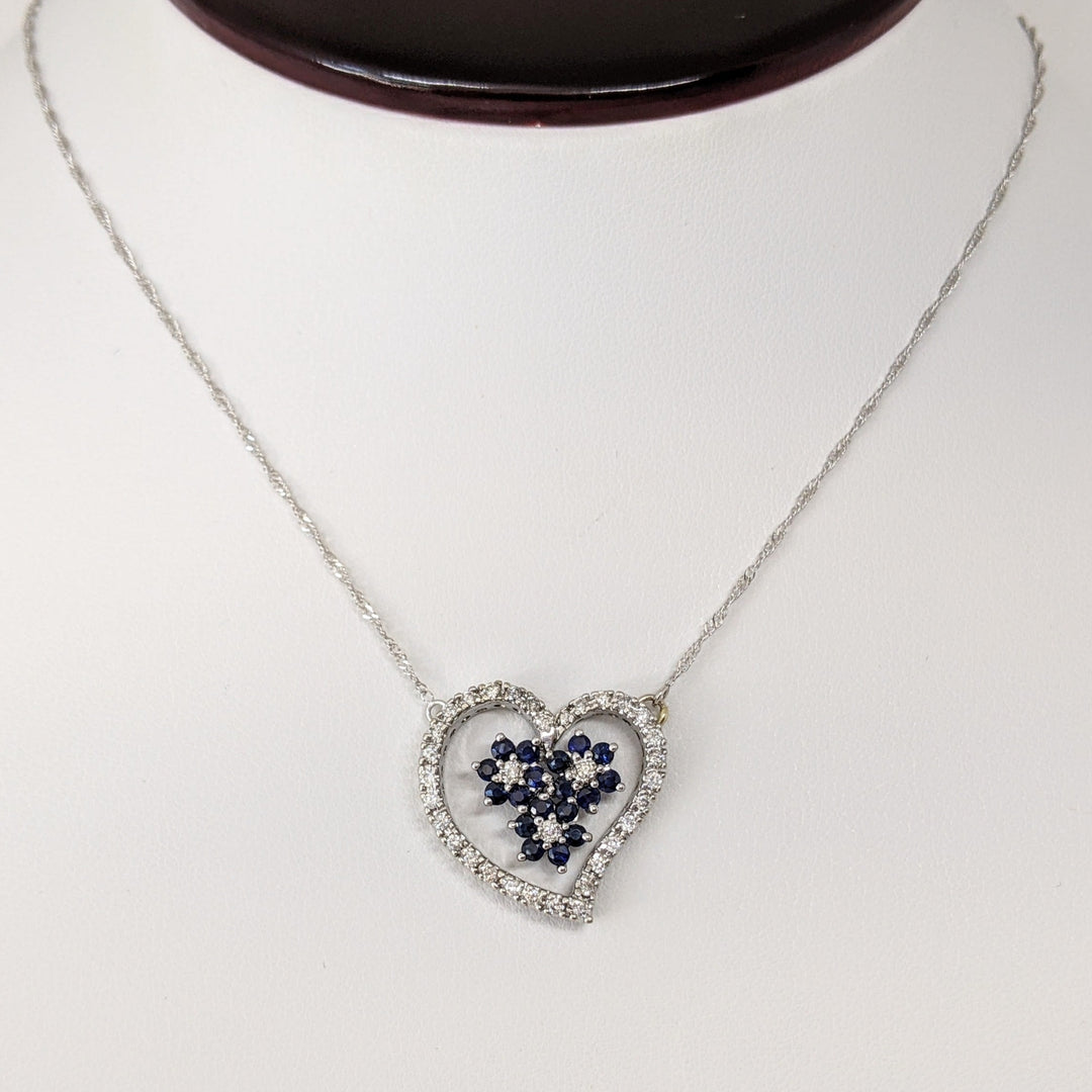 14K WHITE .34 CARAT TOTAL WEIGHT I1 I DIAMOND ROUND (34) SAPPHIRE ROUND 2MM (18) ESTATE NECKLACE 4.8 GRAMS