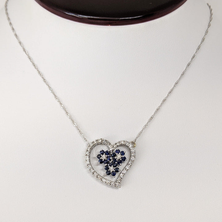 14K WHITE .34 CARAT TOTAL WEIGHT I1 I DIAMOND ROUND (34) SAPPHIRE ROUND 2MM (18) ESTATE NECKLACE 4.8 GRAMS