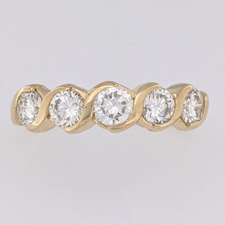 14K .88 CARAT TOTAL WEIGHT SI1 H DIAMOND ROUND (5) HALF-BEZEL SWIRL ESTATE BAND 2.4 GRAMS