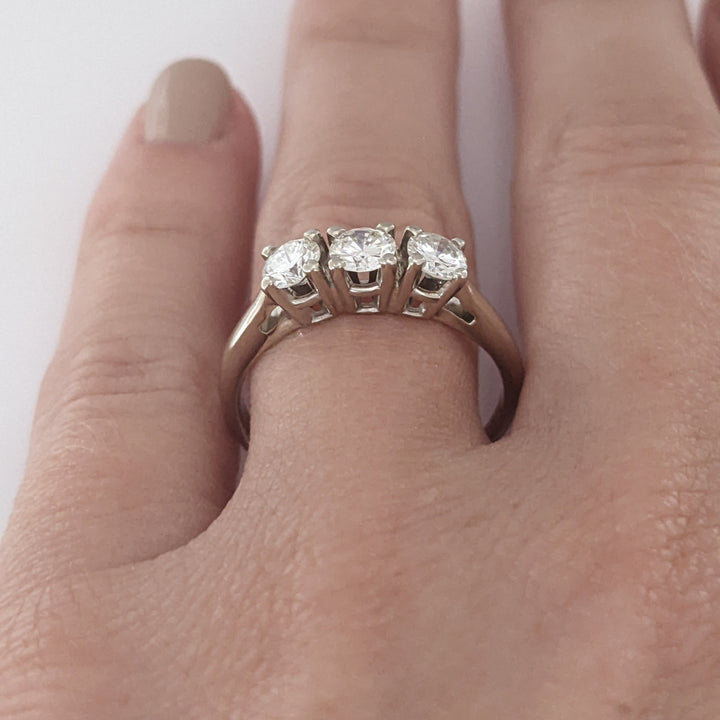 14K WHITE .75 CARAT TOTAL WEIGHT VS2 J DIAMOND ROUND (3) ESTATE TRINITY RING 2.8 GRAMS