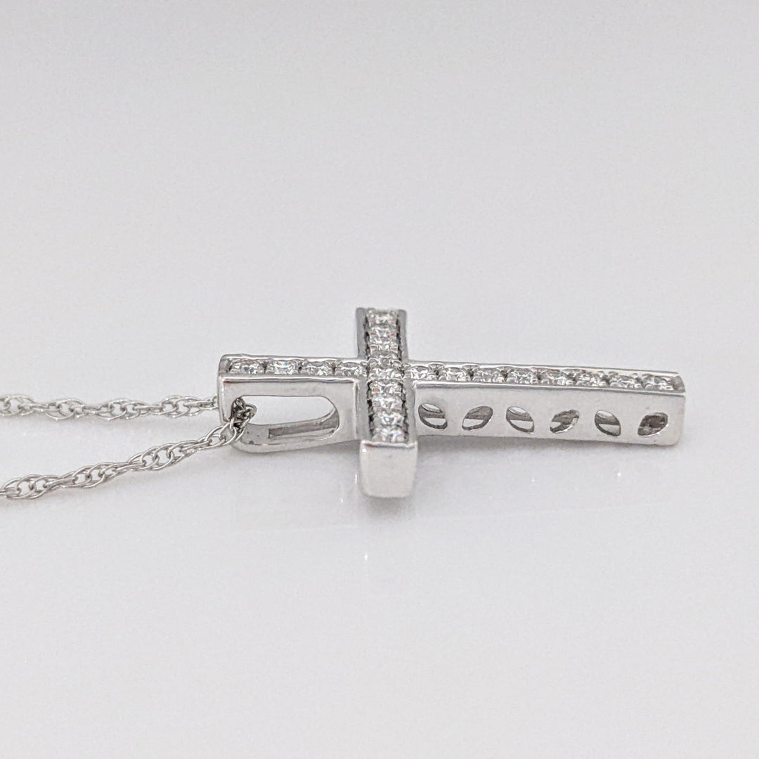 14K WHITE .15 CARAT TOTAL DIAMOND ROUND CROSS ESTATE PENDANT & CHAIN 3.6 GRAMS