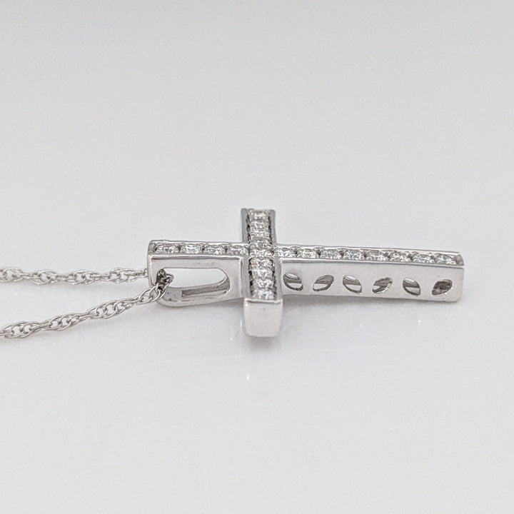 14K WHITE .15 CARAT TOTAL DIAMOND ROUND CROSS ESTATE PENDANT & CHAIN 3.6 GRAMS