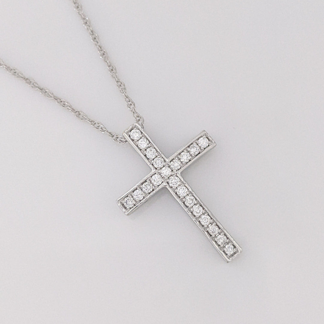14K WHITE .15 CARAT TOTAL DIAMOND ROUND CROSS ESTATE PENDANT & CHAIN 3.6 GRAMS