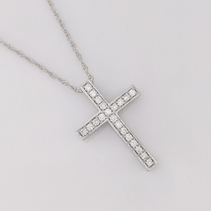 14K WHITE .15 CARAT TOTAL DIAMOND ROUND CROSS ESTATE PENDANT & CHAIN 3.6 GRAMS