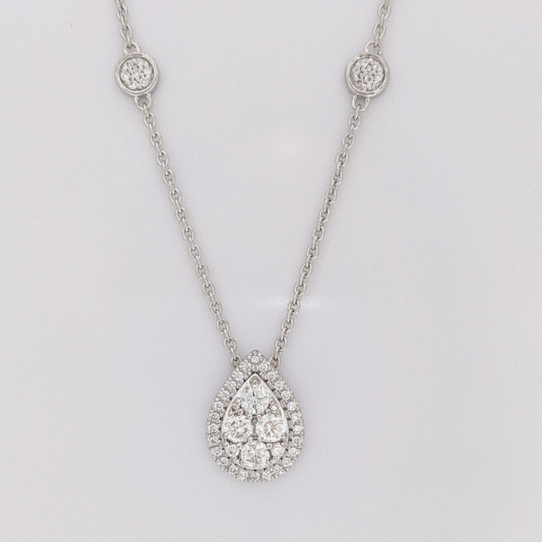 14K WHITE .42 CARAT TOTAL WEIGHT SI1 H-J DIAMOND ROUND (62) HALO PEAR ESTATE NECKLACE 3.7 GRAMS