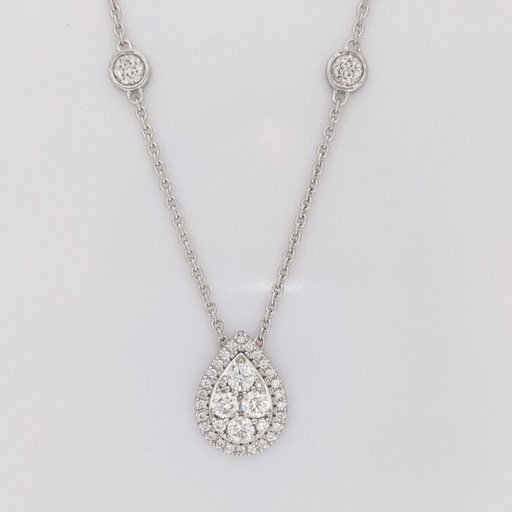 14K WHITE .42 CARAT TOTAL WEIGHT SI1 H-J DIAMOND ROUND (62) HALO PEAR ESTATE NECKLACE 3.7 GRAMS