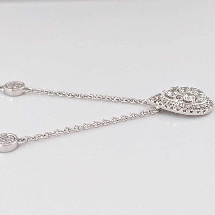 14K WHITE .42 CARAT TOTAL WEIGHT SI1 H-J DIAMOND ROUND (62) HALO PEAR ESTATE NECKLACE 3.7 GRAMS