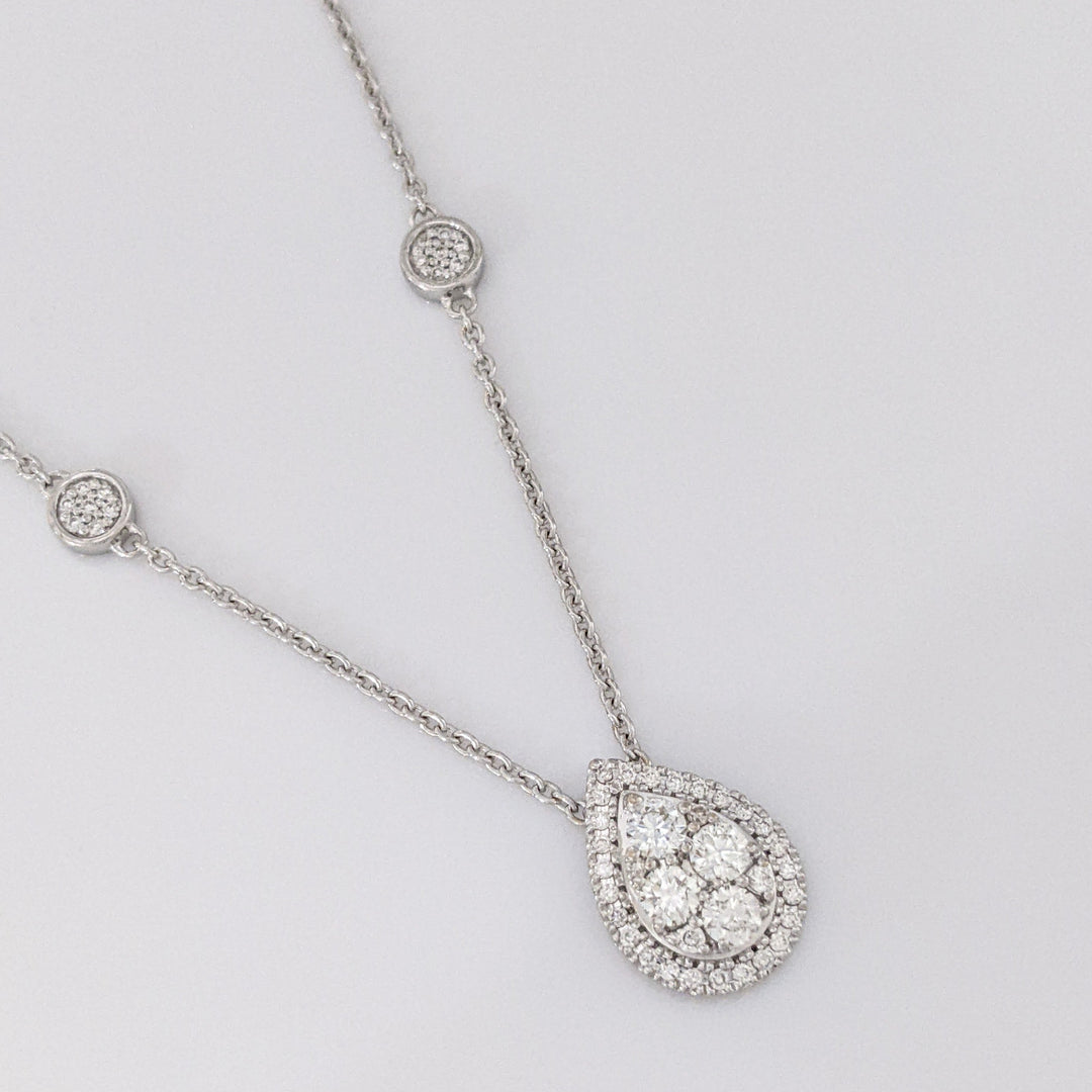 14K WHITE .42 CARAT TOTAL WEIGHT SI1 H-J DIAMOND ROUND (62) HALO PEAR ESTATE NECKLACE 3.7 GRAMS