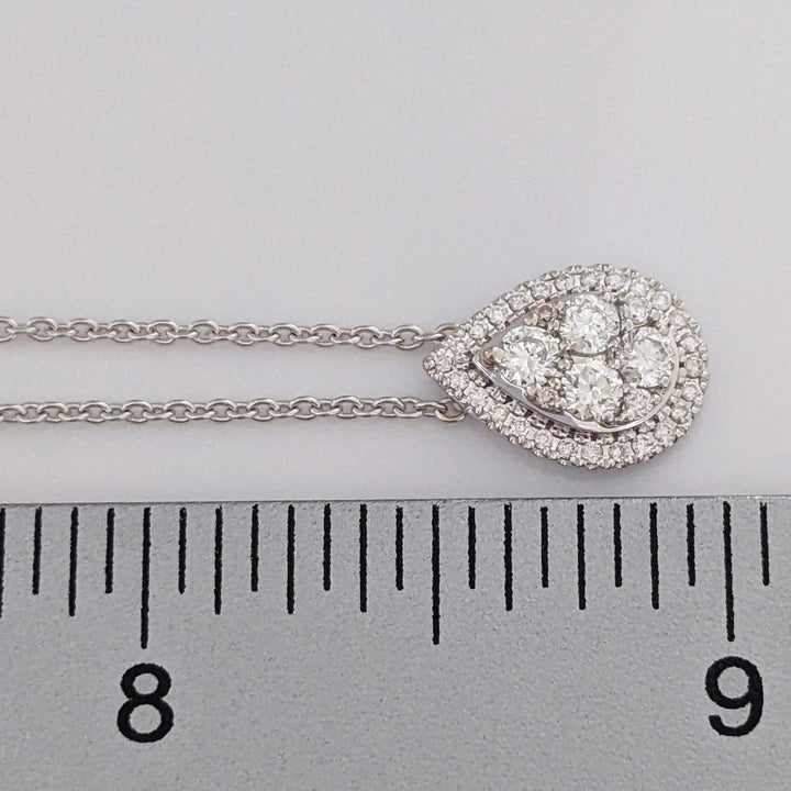 14K WHITE .42 CARAT TOTAL WEIGHT SI1 H-J DIAMOND ROUND (62) HALO PEAR ESTATE NECKLACE 3.7 GRAMS