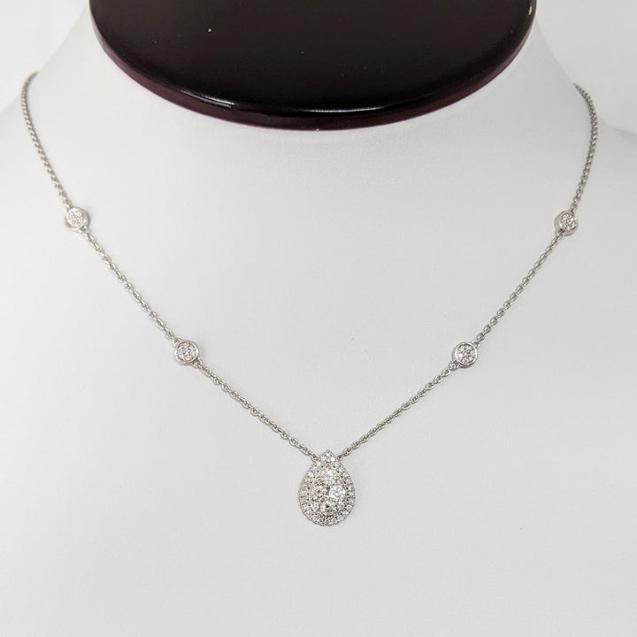 14K WHITE .42 CARAT TOTAL WEIGHT SI1 H-J DIAMOND ROUND (62) HALO PEAR ESTATE NECKLACE 3.7 GRAMS