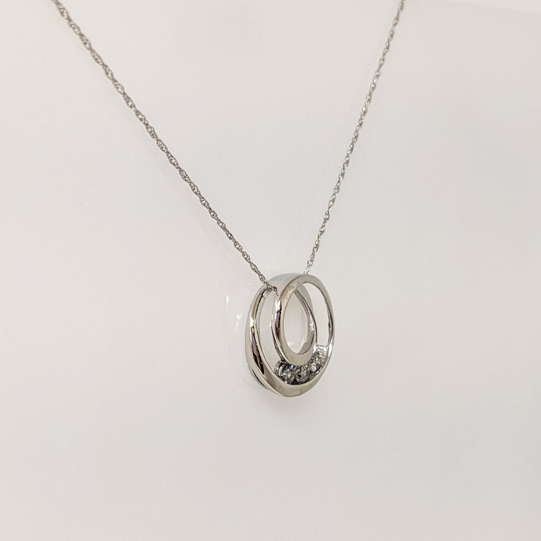 10K WHITE .20 CARAT TOTAL WEIGHT I1 I DIAMOND ROUND (3) SWIRL CIRCLE ESTATE PENDANT & CHAIN 1.7 GRAMS