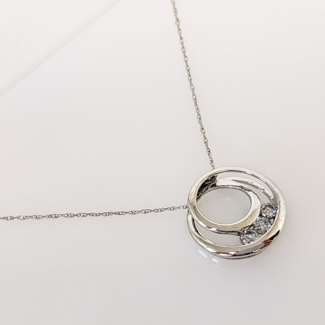 10K WHITE .20 CARAT TOTAL WEIGHT I1 I DIAMOND ROUND (3) SWIRL CIRCLE ESTATE PENDANT & CHAIN 1.7 GRAMS