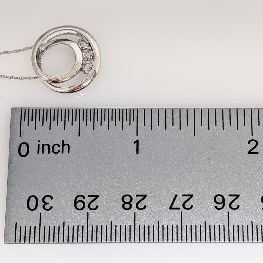 10K WHITE .20 CARAT TOTAL WEIGHT I1 I DIAMOND ROUND (3) SWIRL CIRCLE ESTATE PENDANT & CHAIN 1.7 GRAMS