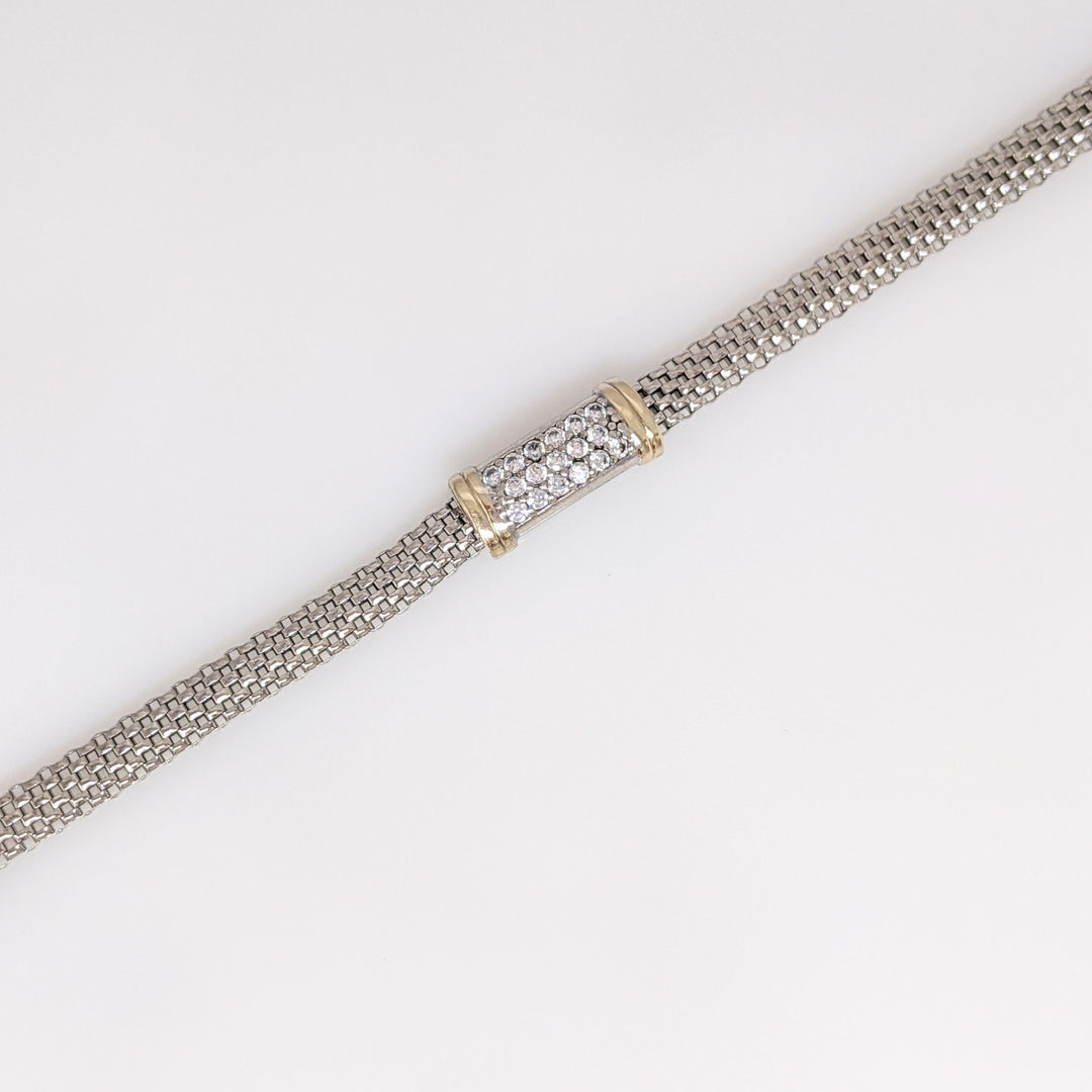STERLING SILVER/14K CUBIC ZIRCONIA BAR/ MESH ESTATE BRACELET 6.1 GRAMS