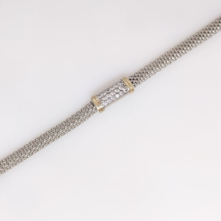 STERLING SILVER/14K CUBIC ZIRCONIA BAR/ MESH ESTATE BRACELET 6.1 GRAMS