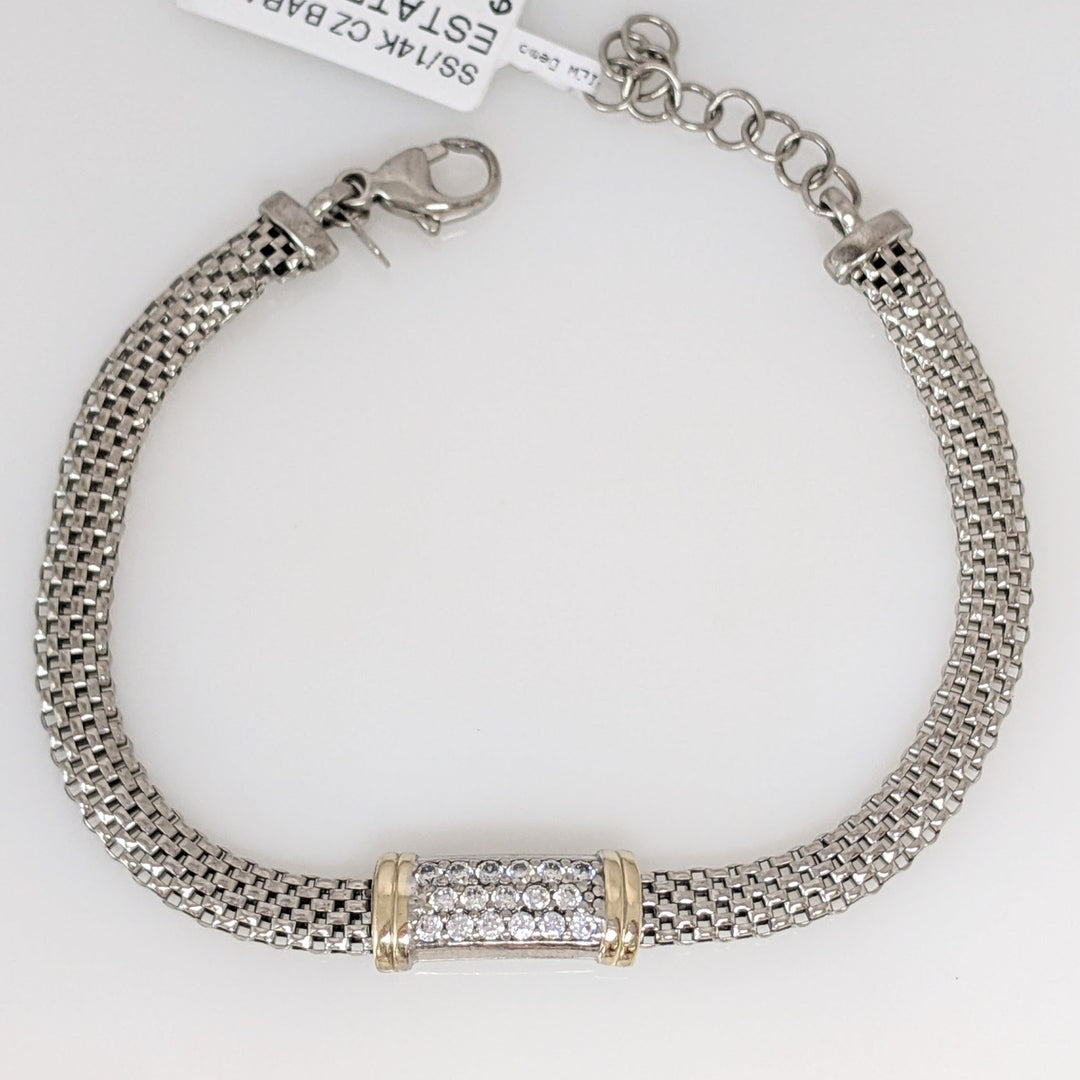 STERLING SILVER/14K CUBIC ZIRCONIA BAR/ MESH ESTATE BRACELET 6.1 GRAMS