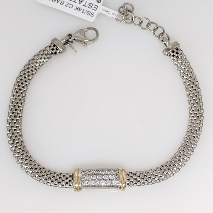 STERLING SILVER/14K CUBIC ZIRCONIA BAR/ MESH ESTATE BRACELET 6.1 GRAMS