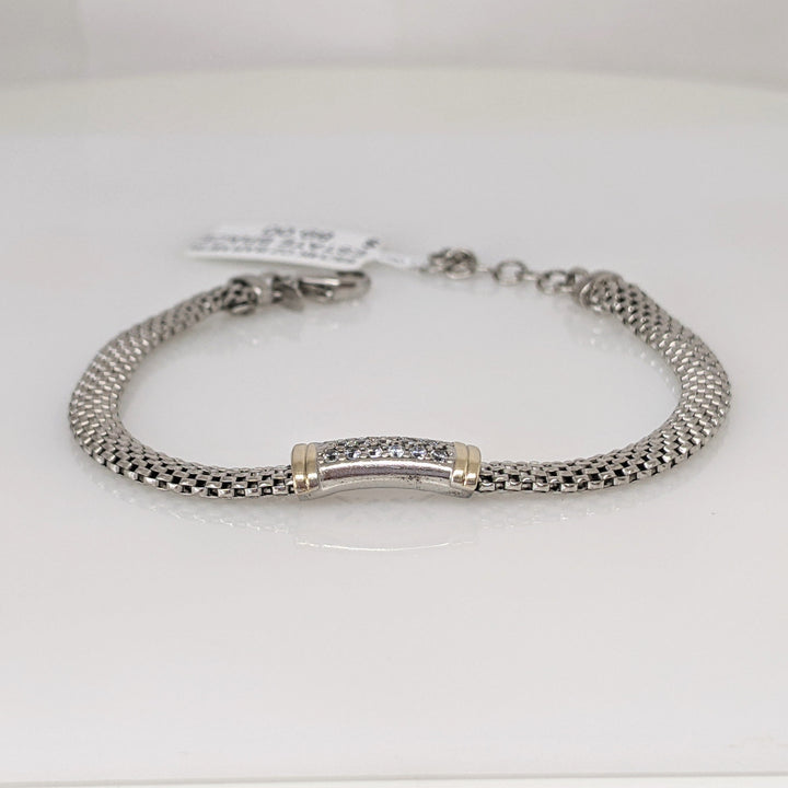 STERLING SILVER/14K CUBIC ZIRCONIA BAR/ MESH ESTATE BRACELET 6.1 GRAMS
