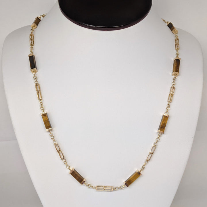 14K TIGER-EYE EMERALD CUT BAR (12) ESTATE NECKLACE 17.1 GRAMS