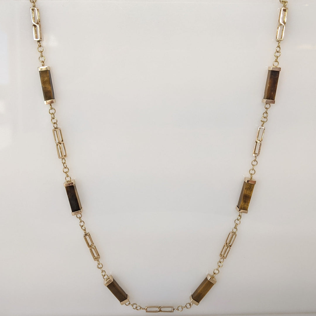 14K TIGER-EYE EMERALD CUT BAR (12) ESTATE NECKLACE 17.1 GRAMS
