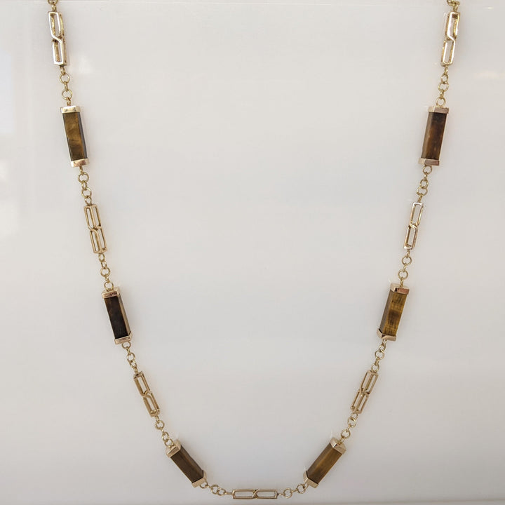 14K TIGER-EYE EMERALD CUT BAR (12) ESTATE NECKLACE 17.1 GRAMS