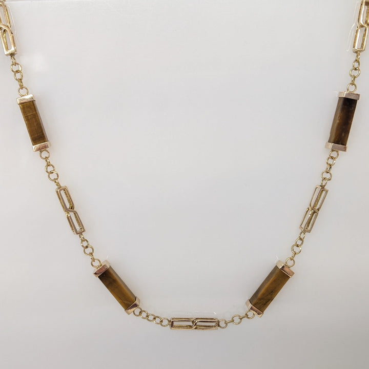 14K TIGER-EYE EMERALD CUT BAR (12) ESTATE NECKLACE 17.1 GRAMS