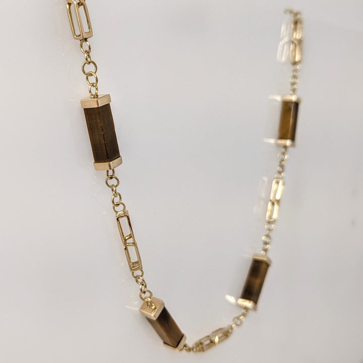 14K TIGER-EYE EMERALD CUT BAR (12) ESTATE NECKLACE 17.1 GRAMS