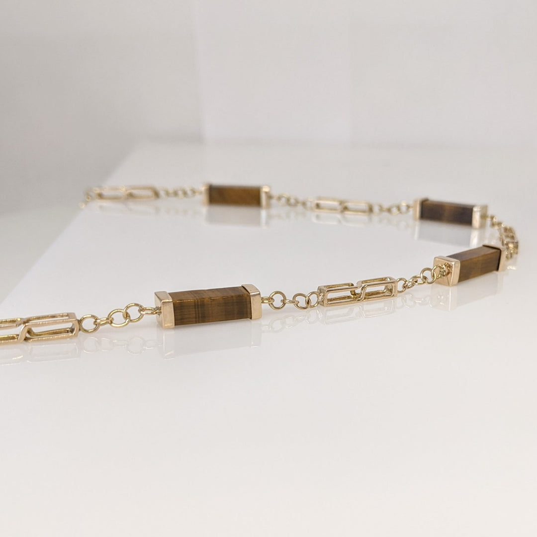 14K TIGER-EYE EMERALD CUT BAR (12) ESTATE NECKLACE 17.1 GRAMS