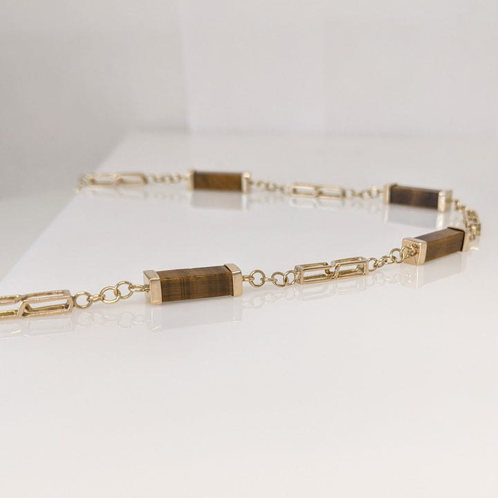 14K TIGER-EYE EMERALD CUT BAR (12) ESTATE NECKLACE 17.1 GRAMS