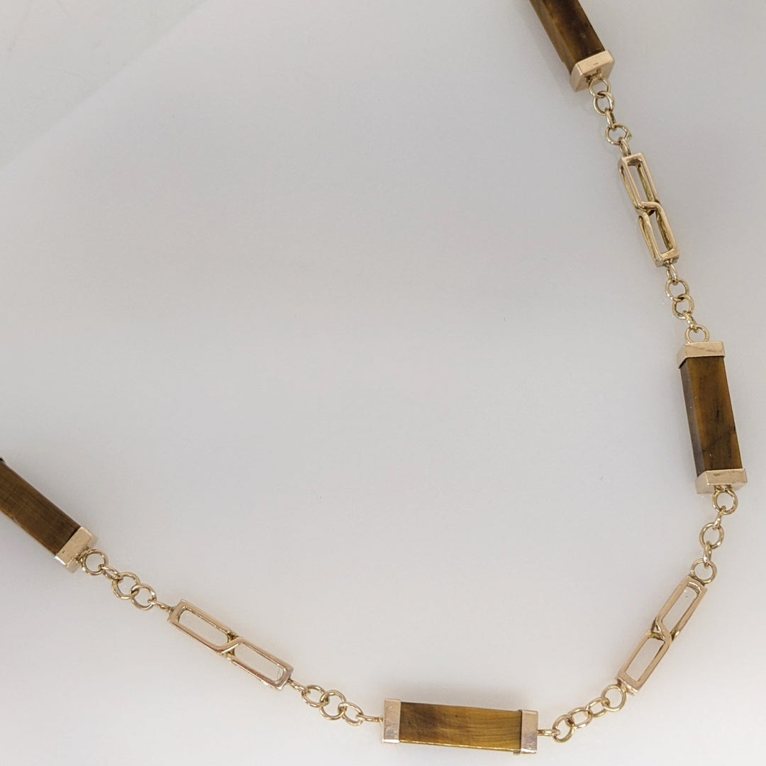 14K TIGER-EYE EMERALD CUT BAR (12) ESTATE NECKLACE 17.1 GRAMS