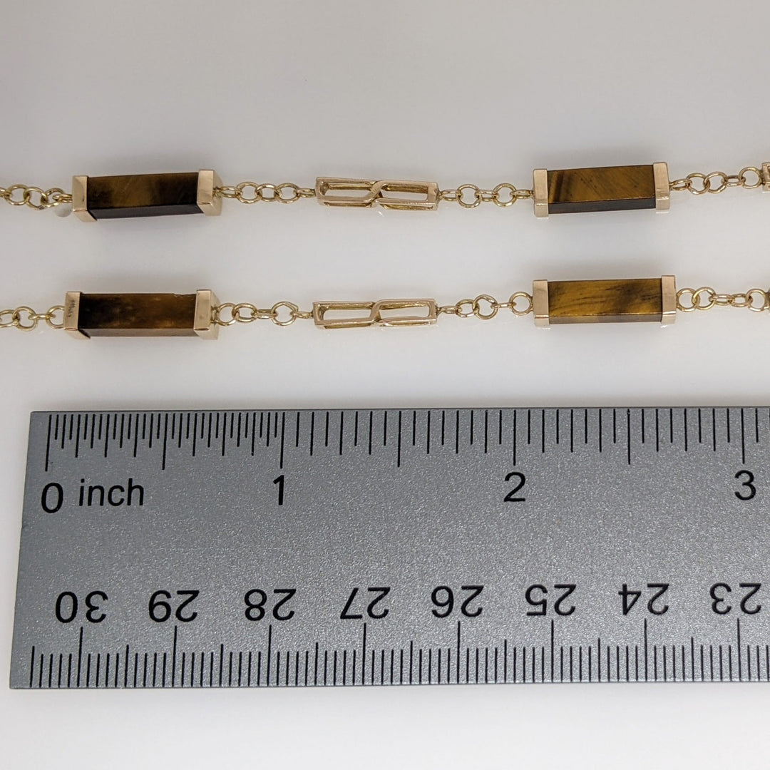 14K TIGER-EYE EMERALD CUT BAR (12) ESTATE NECKLACE 17.1 GRAMS