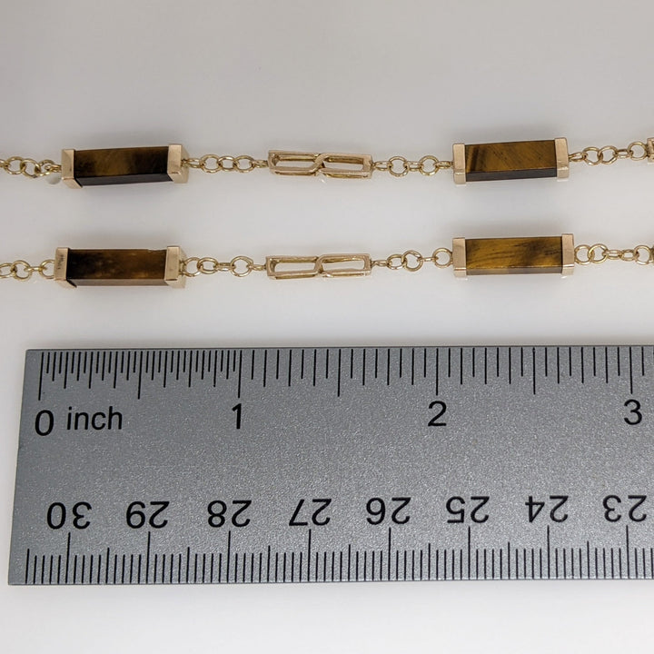 14K TIGER-EYE EMERALD CUT BAR (12) ESTATE NECKLACE 17.1 GRAMS