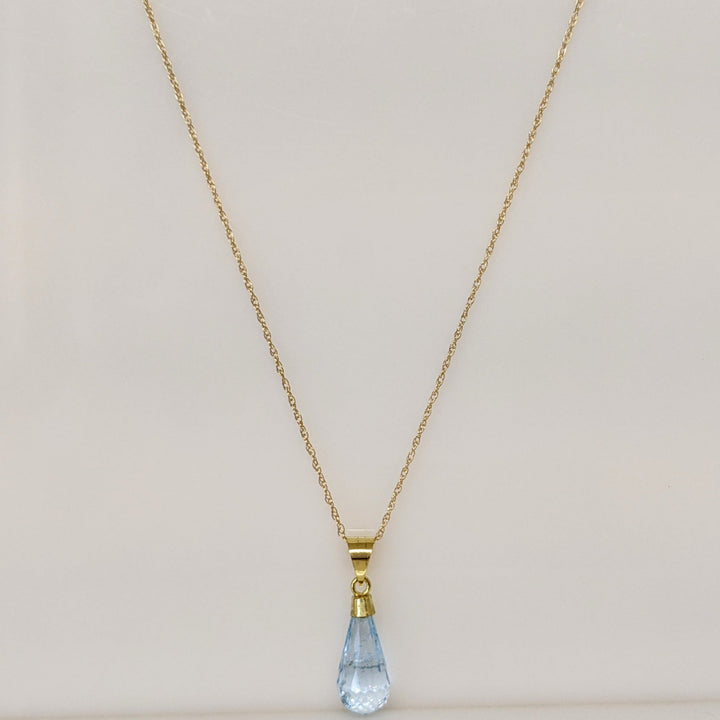18K BLUE TOPAZ BRIOLETTE ESTATE PENDANT & 14K CHAIN 2.2 GRAMS