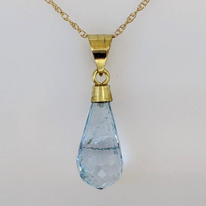 18K BLUE TOPAZ BRIOLETTE ESTATE PENDANT & 14K CHAIN 2.2 GRAMS