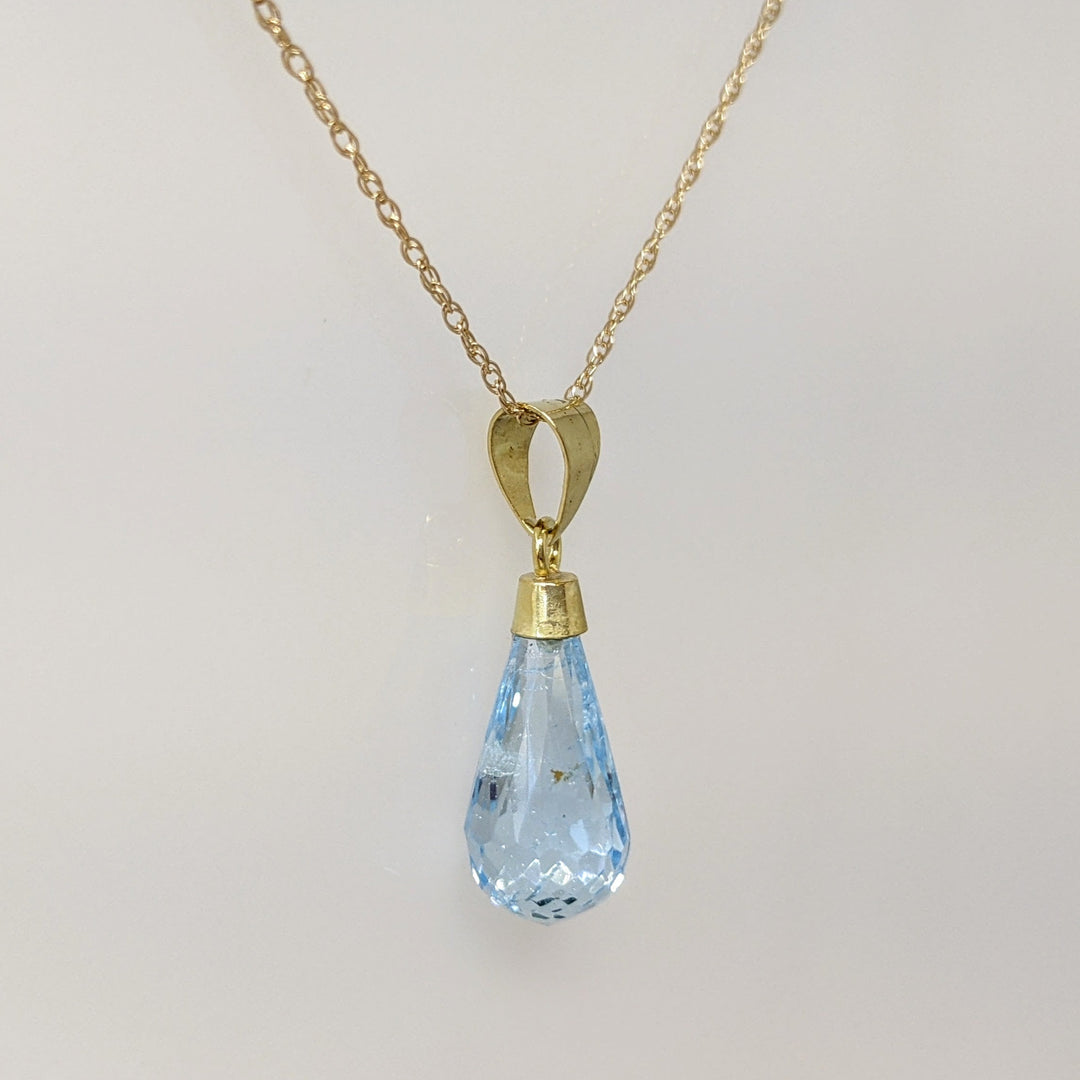 18K BLUE TOPAZ BRIOLETTE ESTATE PENDANT & 14K CHAIN 2.2 GRAMS