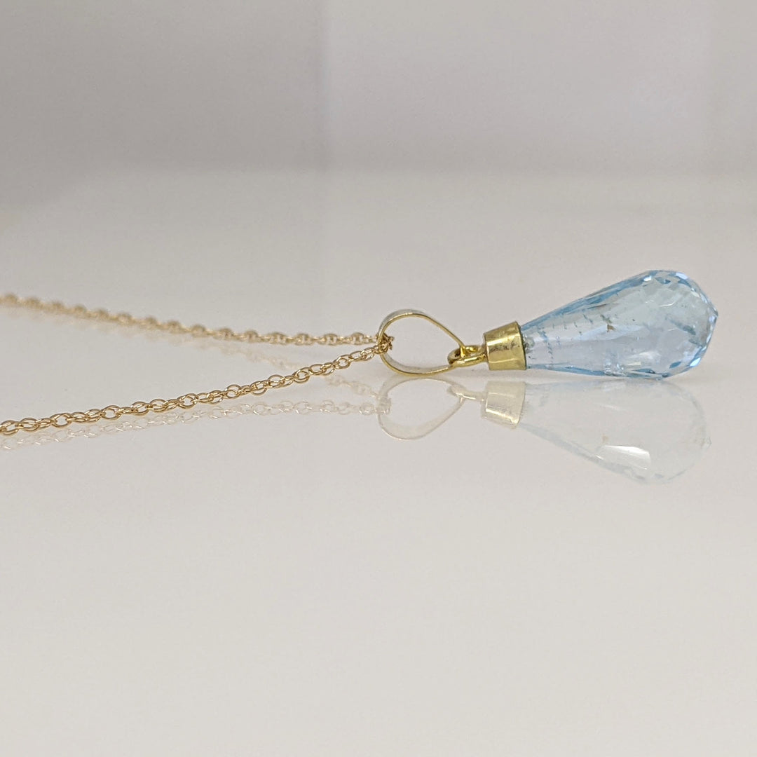 18K BLUE TOPAZ BRIOLETTE ESTATE PENDANT & 14K CHAIN 2.2 GRAMS