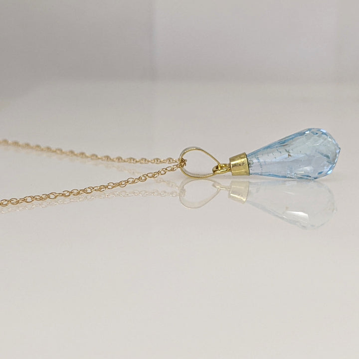 18K BLUE TOPAZ BRIOLETTE ESTATE PENDANT & 14K CHAIN 2.2 GRAMS